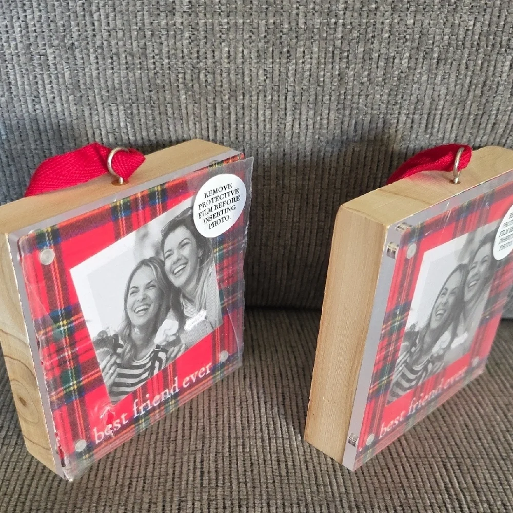 Red Plaid Best Friend Photo Frame Ornament Set, New, 4×4 Inch By Mudpie